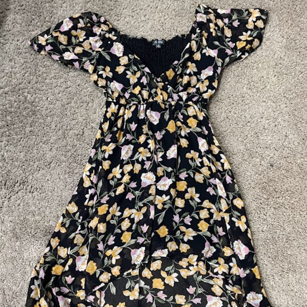 Lily Rose Floral Hi-Low Maxi Dress Smocked Black Chiffon XS